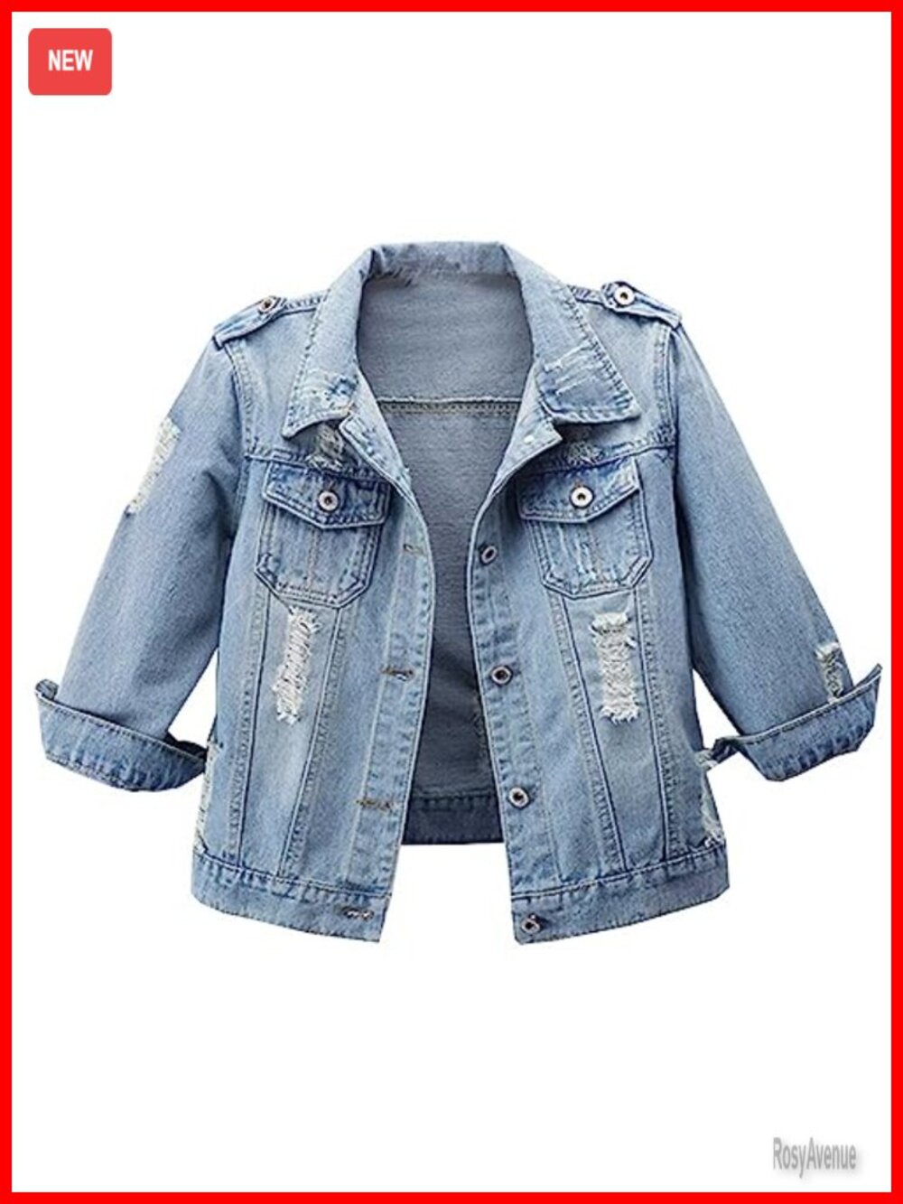 Women's Retro 3/4 Sleeve Distressed Denim Jacket Light Blue
